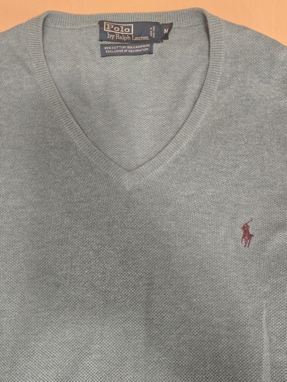 Polo by Ralph Lauren Men's V-Neck Sweater in Pale Blue with Pink Pony